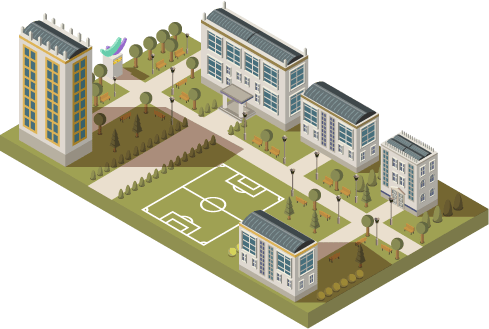 Isometric illustration of a large college campus backbone fit with smart buildings