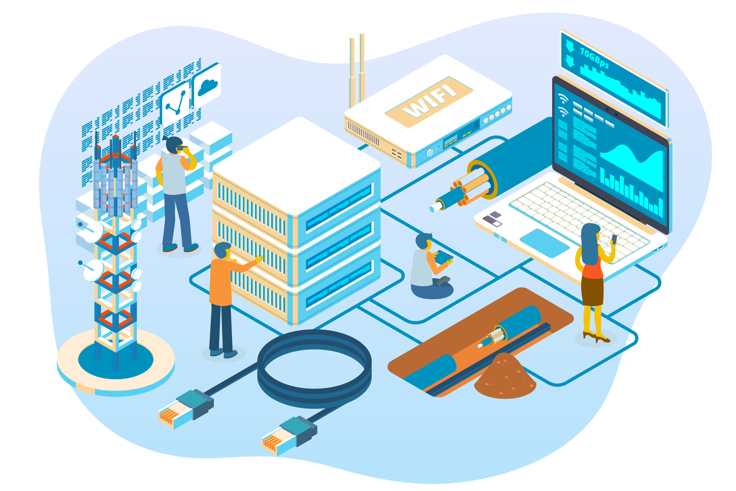 An isometric illustration with various fiber optics-themed things going on. To the left is a radio tower of some sort. Behind is a man on his phone in front of a smaller section of servers. Moving along to the left is an incredibly large set of servers with a man standing in front of them reviewing the devices. To the right still, and at the top is a Wi-Fi router box. Continuing further right is a large, split-view of a fiber optic cable. Next to it is a large laptop with a person sitting in front of it. Below that is a ditch in the ground with another split-view of a fiber optic cable running through the ground. A woman is seen standing next to it on her phone.