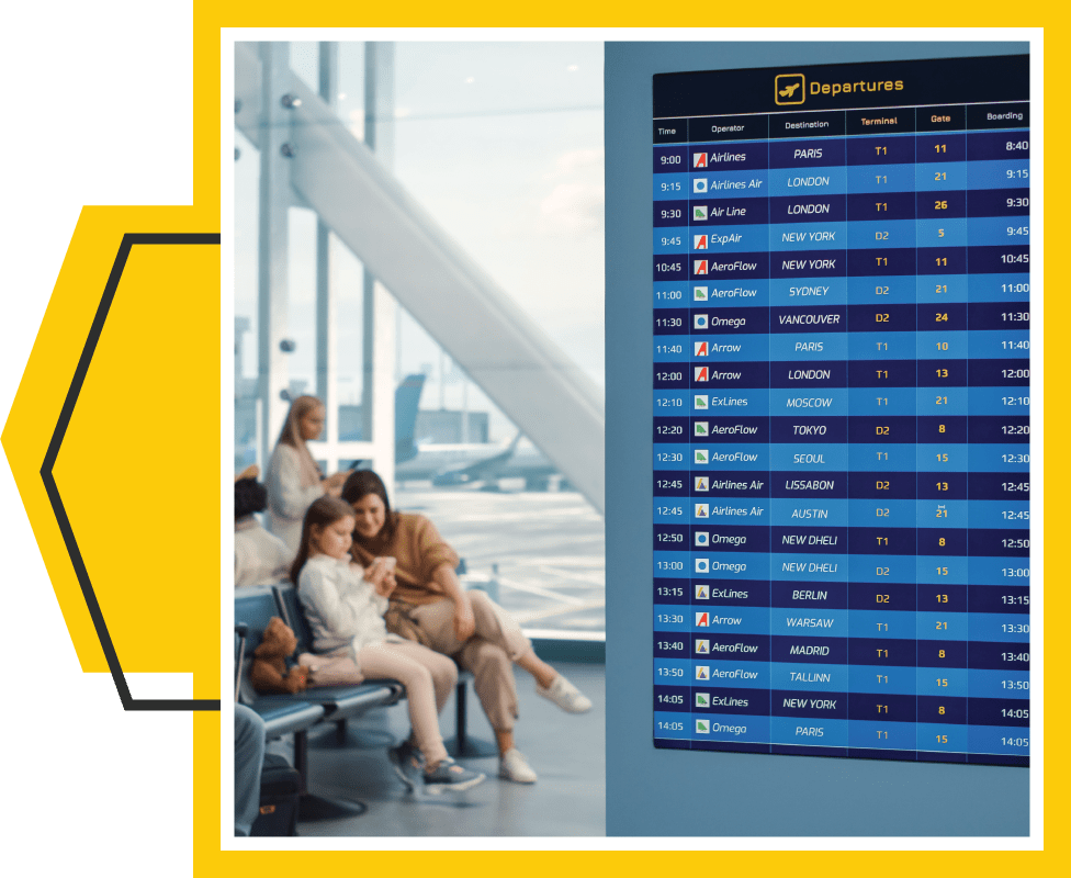 Framed image of an information display digital sign at an airport. A mother and daughter are seated in the background to the left