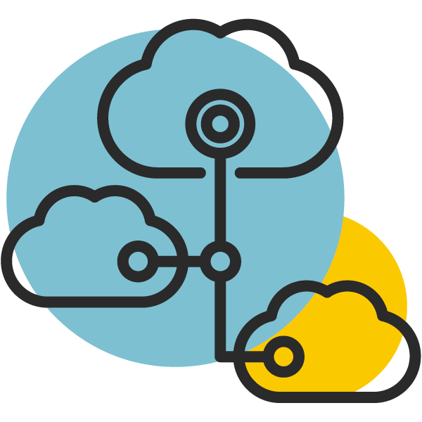 Icon of cloud-based systems - one large cloud at the top connected to two smaller clouds lower down - a good option for VoIP.