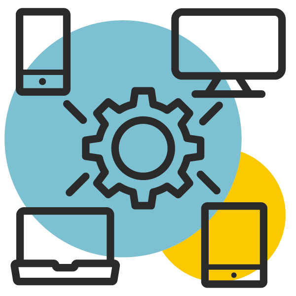 Icon of multiple devices - phone, laptop, pc, tablet - all connected together to a big gear icon. Single experience, multiple platforms.