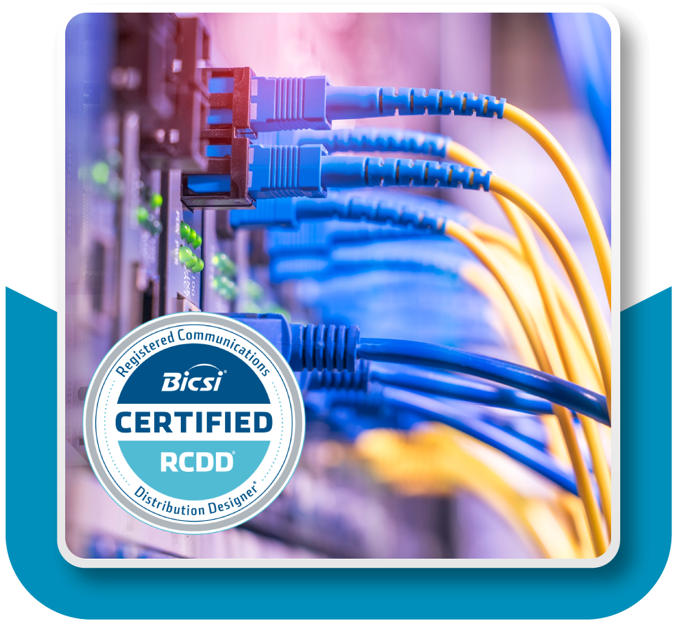 Framed Image: Closeup shot of various cables and wires plugged into a server box - BICSI RCDD CERTIFIED