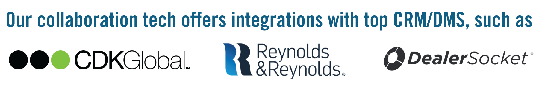 Our collaboration tech offers integrations with top CRM/DMS, such as CDK Global, Reynolds & Reynolds, and DealerSocket.