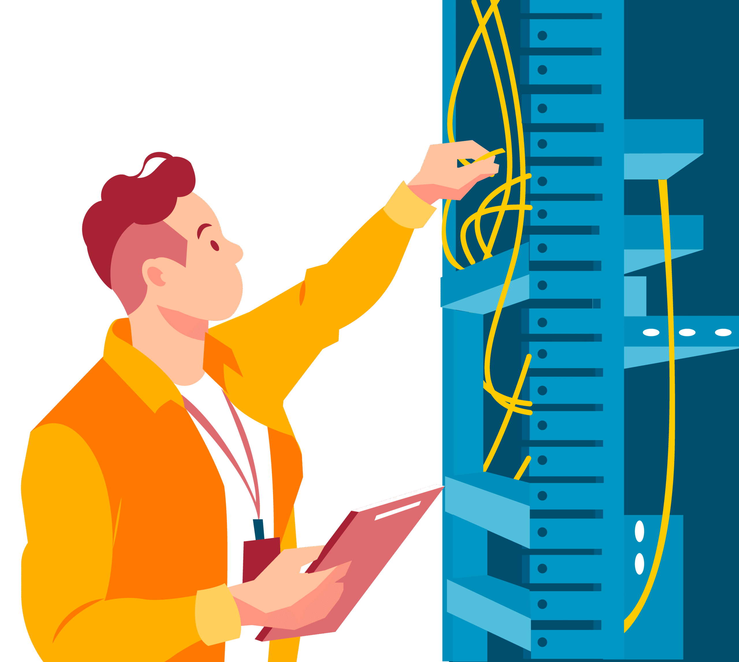 Illustration of a technician installing network infrastructure for a retail business.