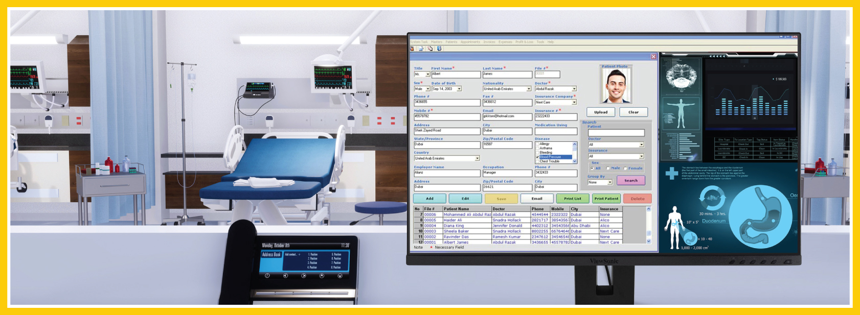 Front and center is a large digital screen displaying real-time information with patient stats