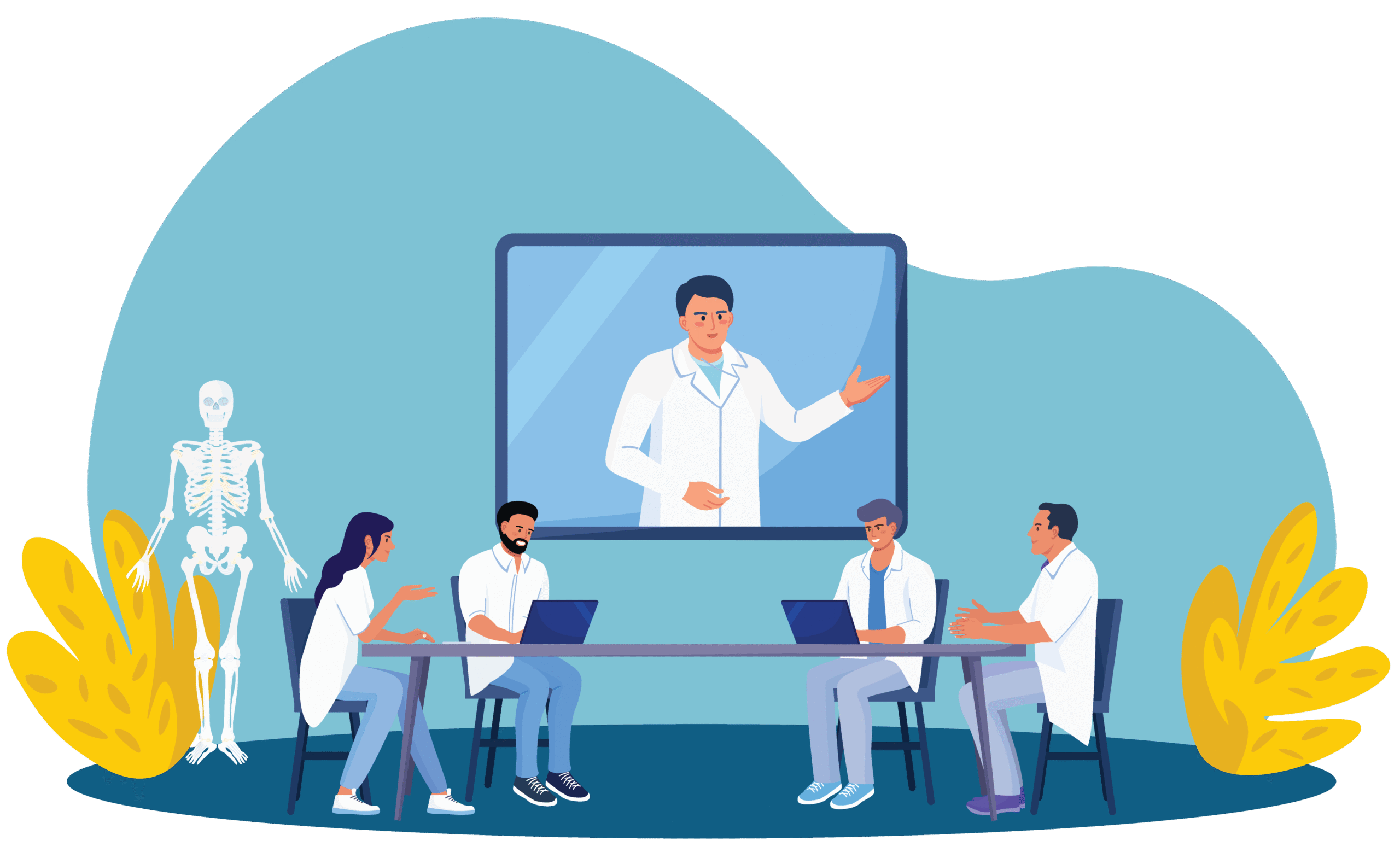 Illustration of a team of doctors/nurses gathered around a table. Two of the four doctors have computers in front of them. There's a fifth doctor who has joined remotely via a screen on the wall behind the rest of the healthcare professionals.