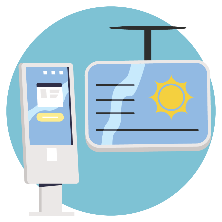 Illustration of digital signage systems; a standing kiosk and a ceiling-mounted digital display, common signage options that can be found in multi-unit spaces