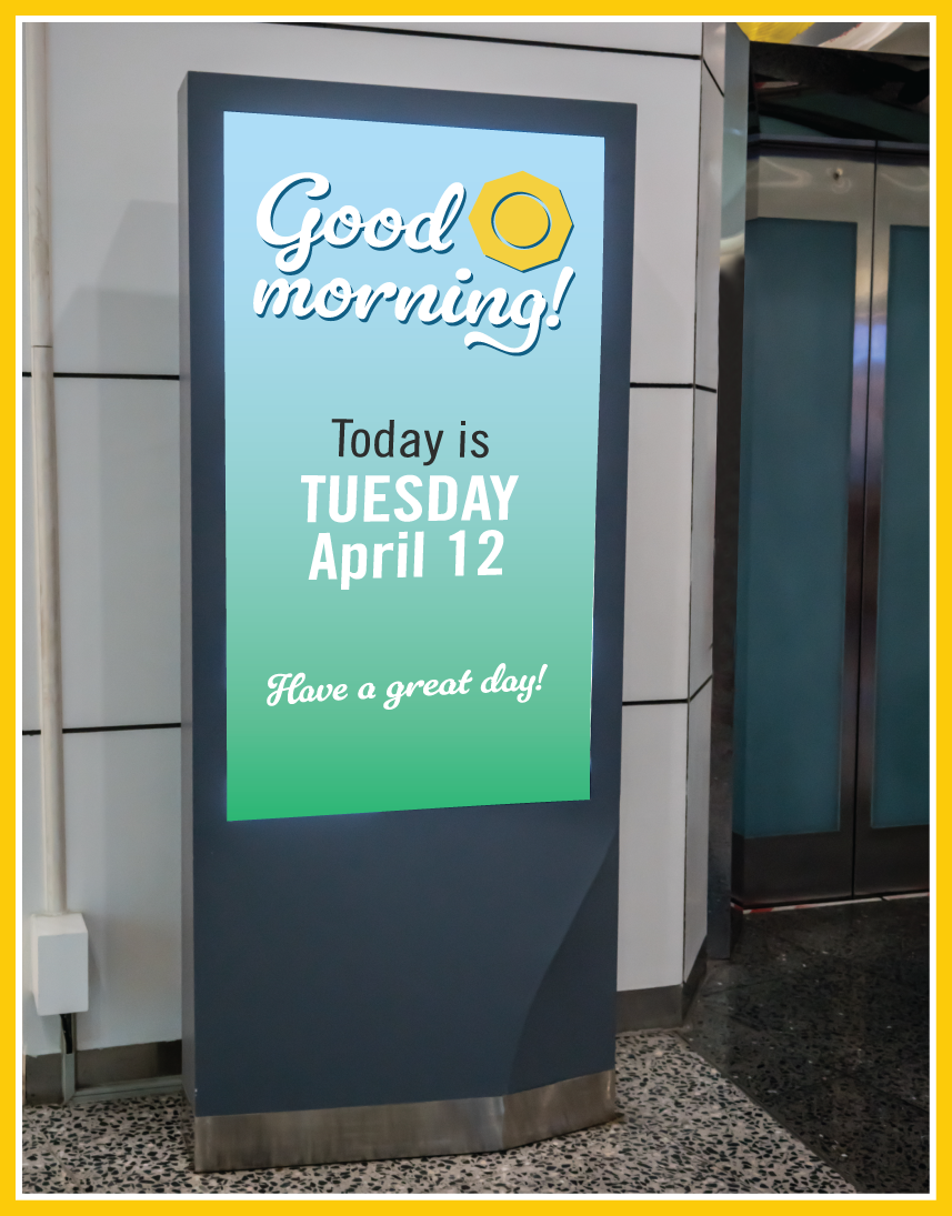 Digital kiosk display present in a multi-unit space lobby area