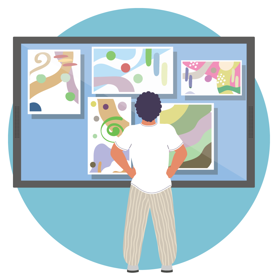 Illustration of a person standing in front of a large interactive display with their back facing the audience. They're observing all the different features onscreen.