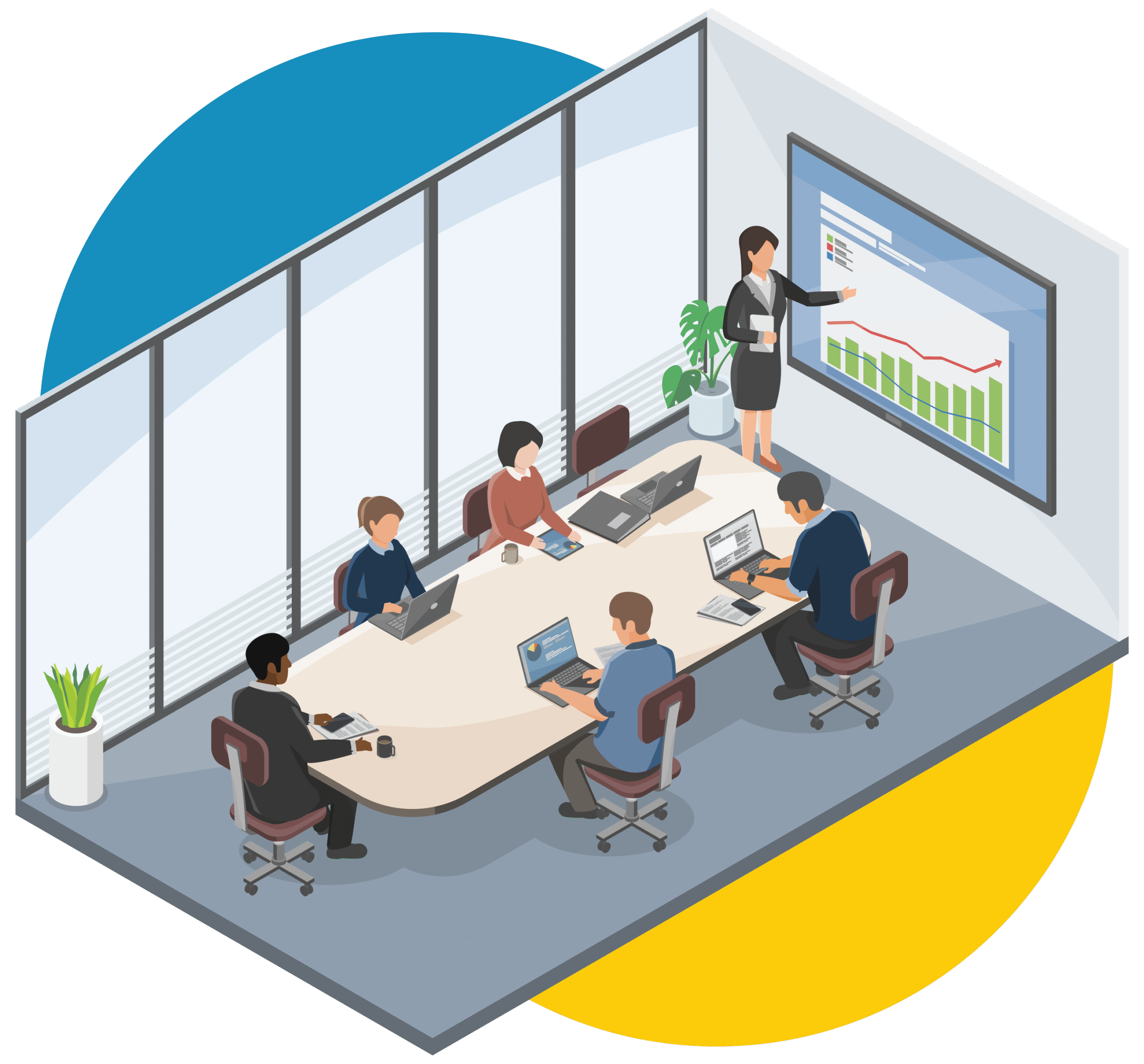 Isometric illustration of a group of people in a conference room gathered around a table while a leader is pointing to different charts on an interactive display.