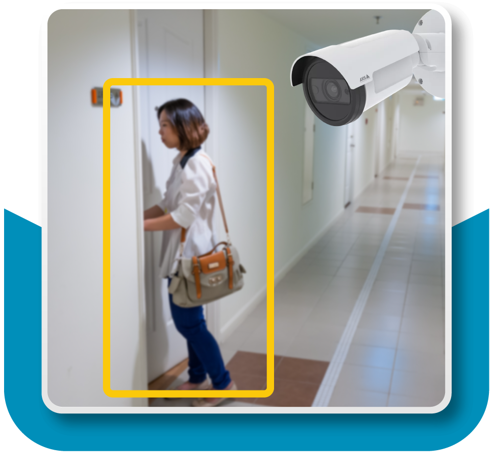 Framed image: A camera in an apartment building hallway has tracked a woman entering her apartment