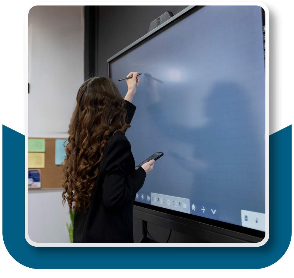 Framed image: Woman using an interactive display in a church meeting room