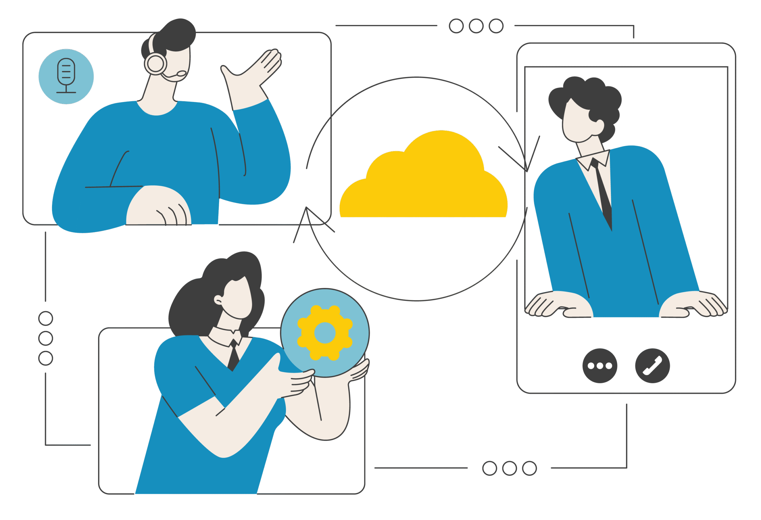Illustration of unified communications - people communicating from different styles of devices (desktop, mobile, etc.)