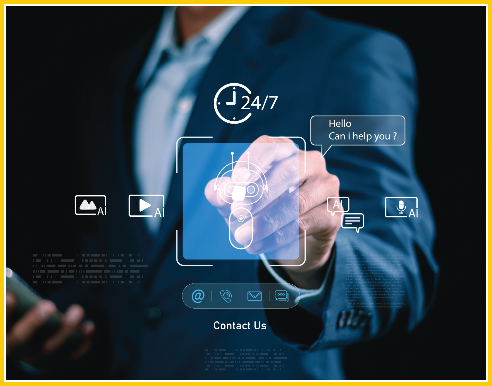 AI-Driven Contact Center Intelligence: A businessman is reaching towards the viewer with infographic-style illustrations in front of his hand. He's poking at a little AI caricature in front of him.