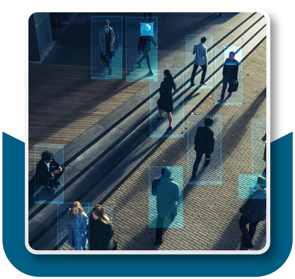 Framed Image: Top-down view from a security camera perspective with AI-powered analytics happening in real time; perhaps at a bus or train station