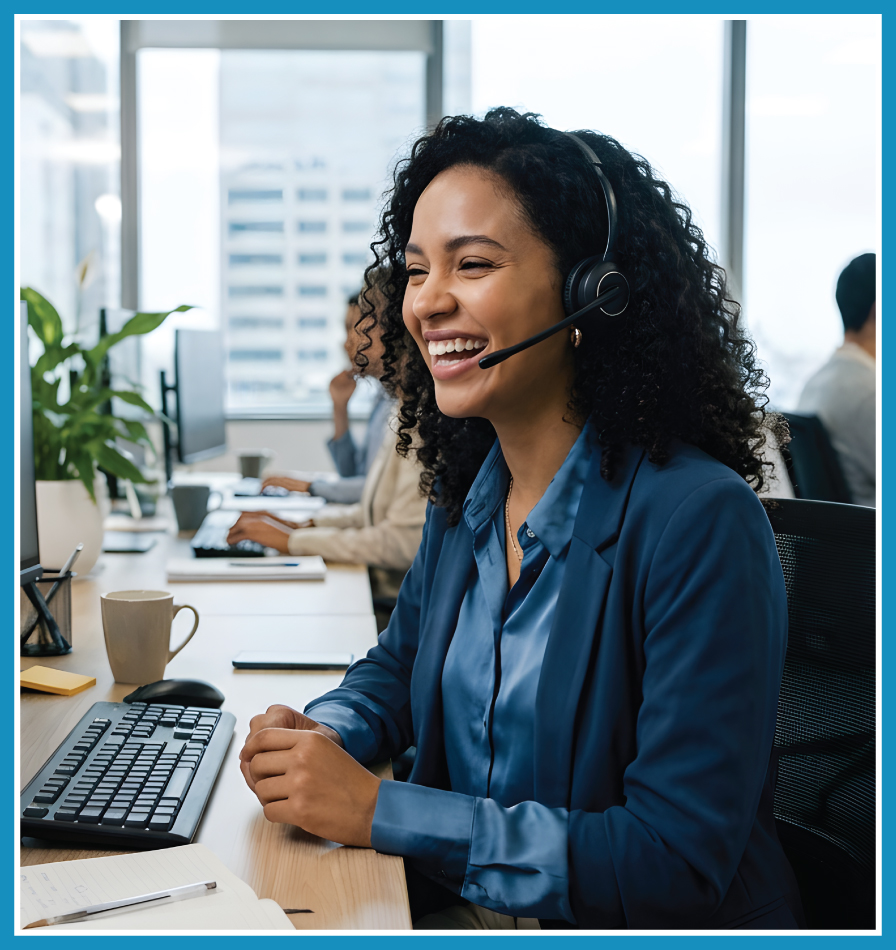 Contact center employee with a headset on, managing and transferring calls for a transportation company