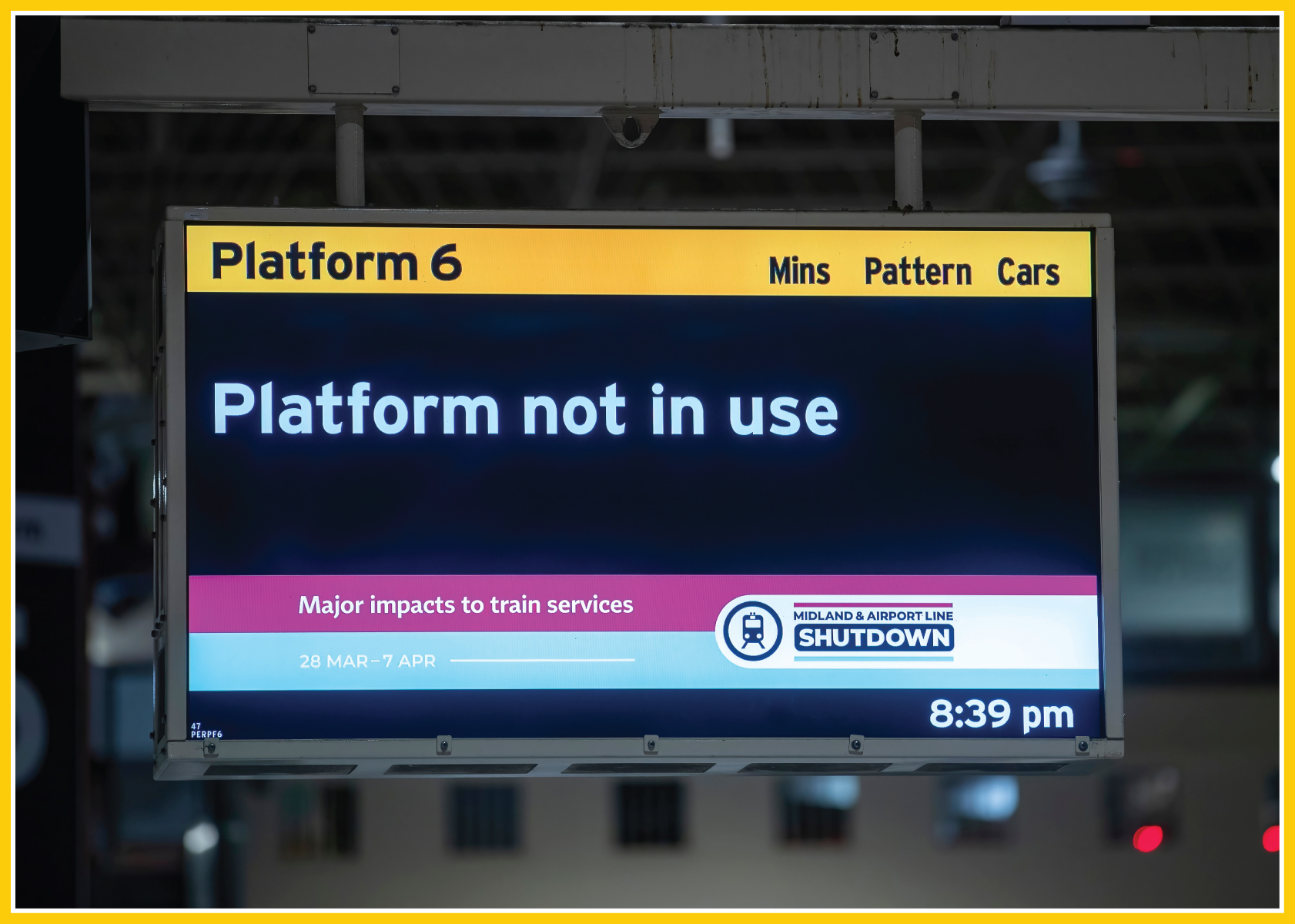 Digital signage in use at a train station displaying important information