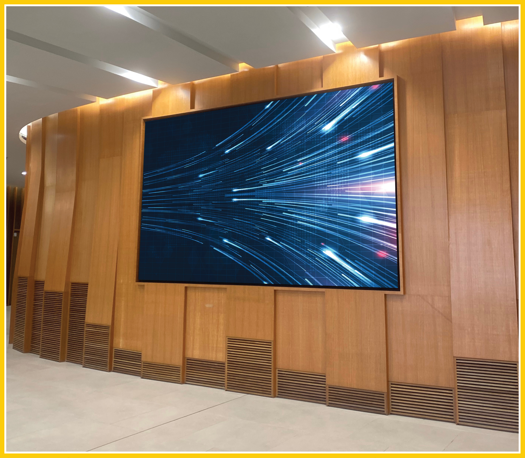 Large video wall in the lobby of a tech company