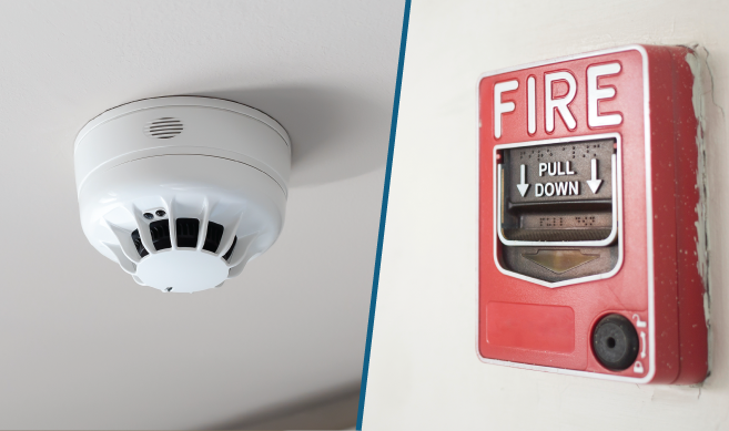 Two images of alarm initiators - one of a smoke detector (left) and one of a pull station (right)